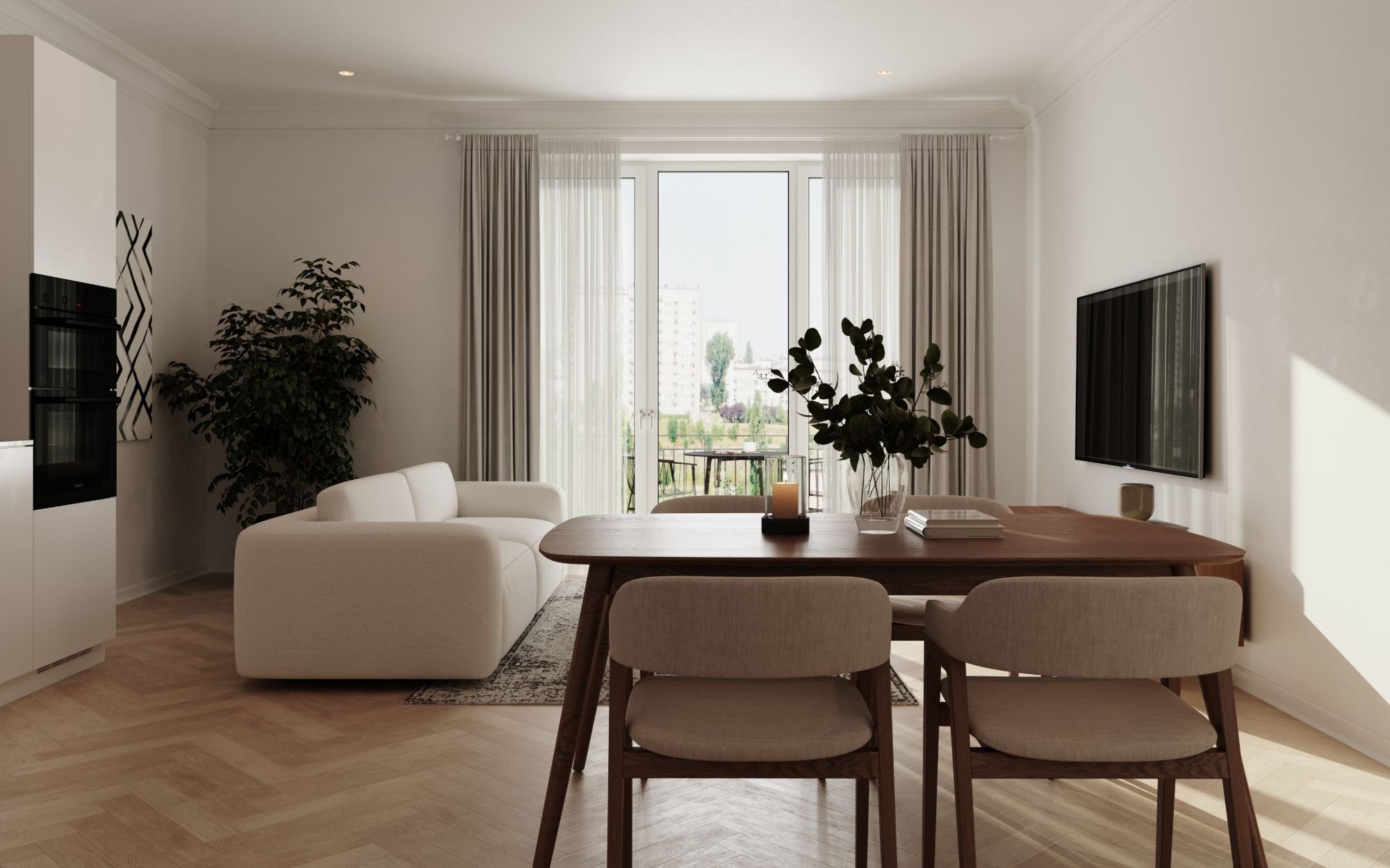 A living and dining space, furnished and finished