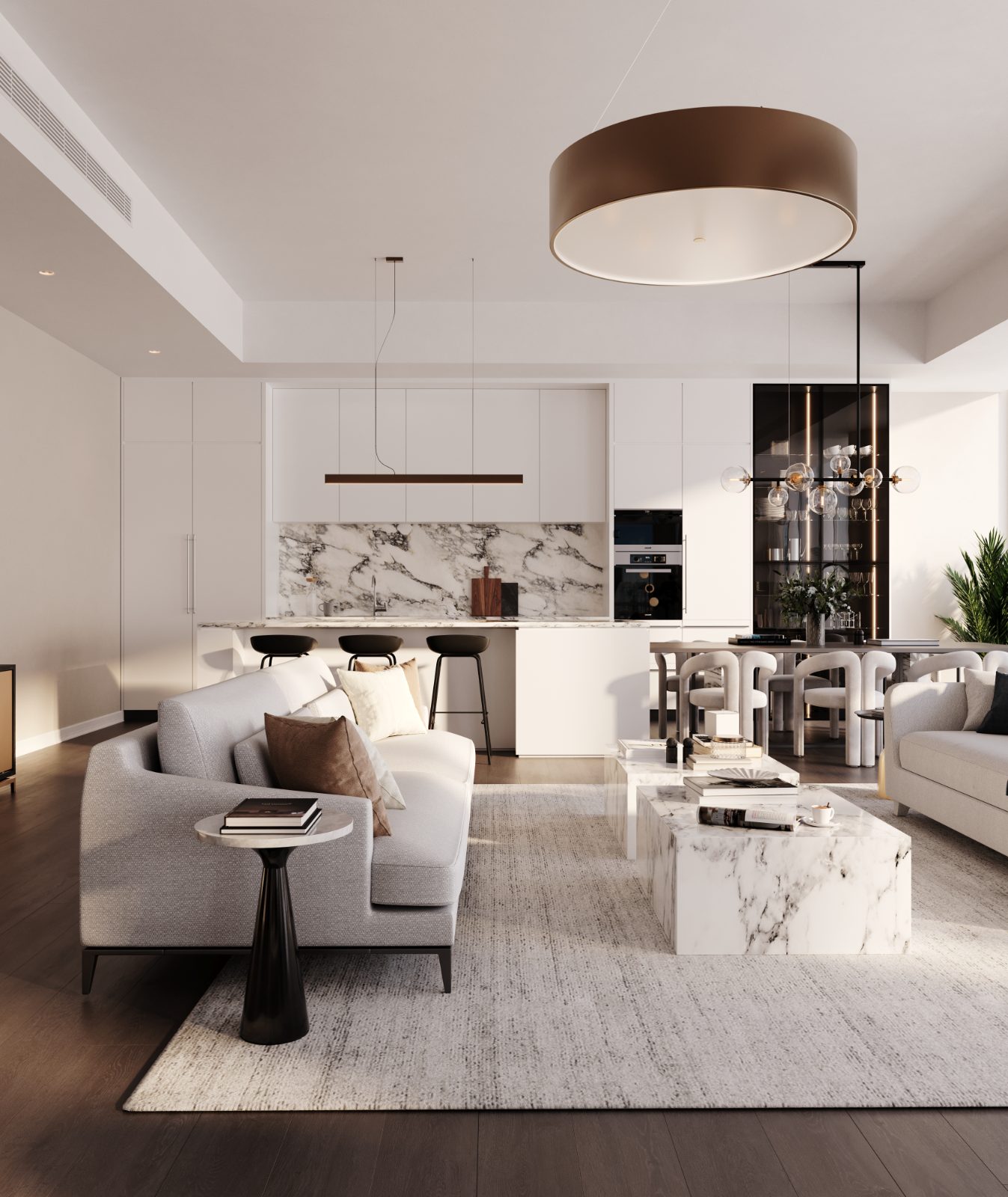 Living and kitchen, marble island