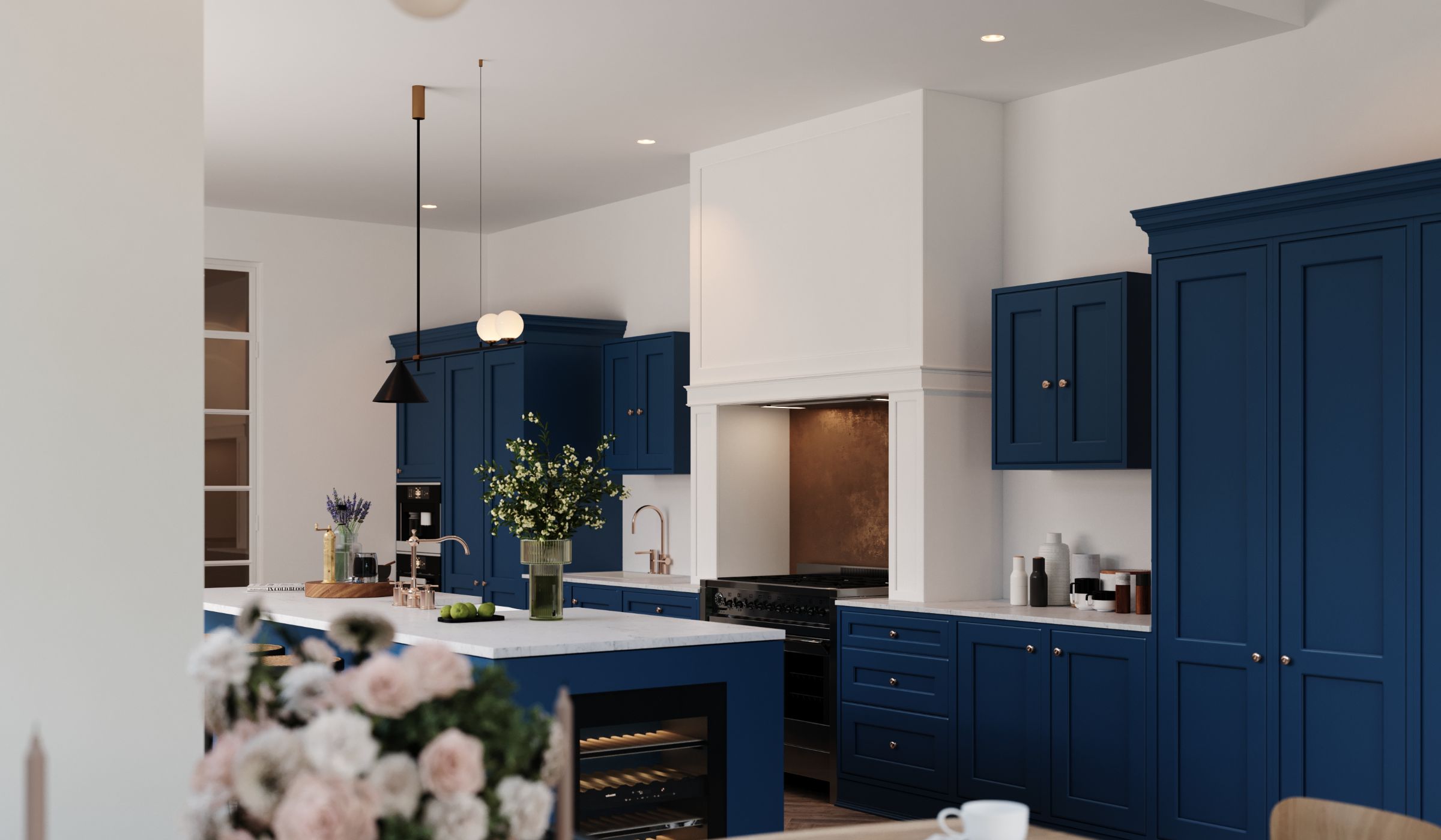 Blue shaker kitchen and dining
