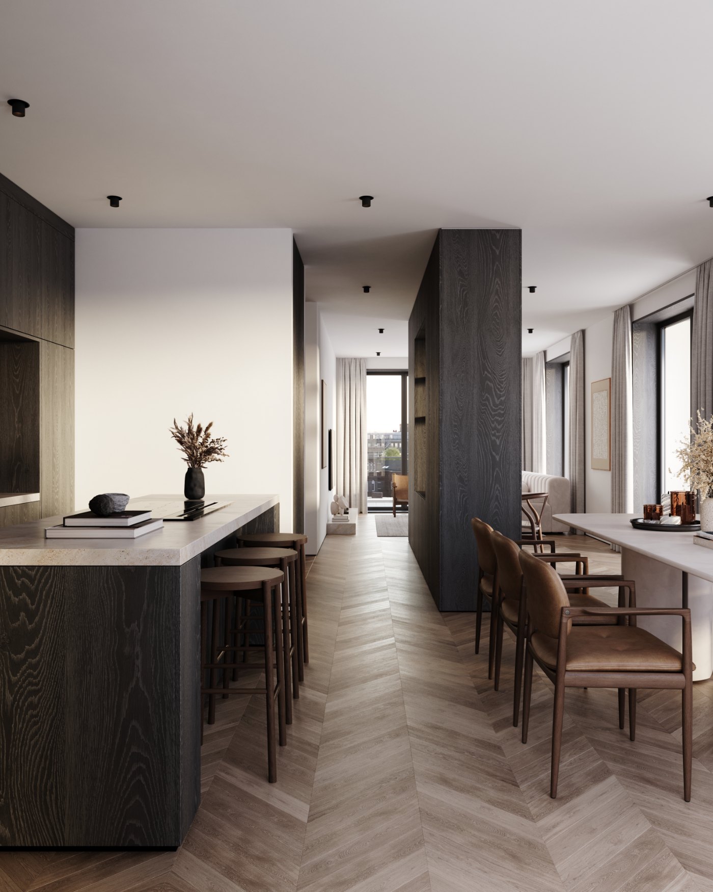 A kitchen island and breakfast bar, furnished to specification